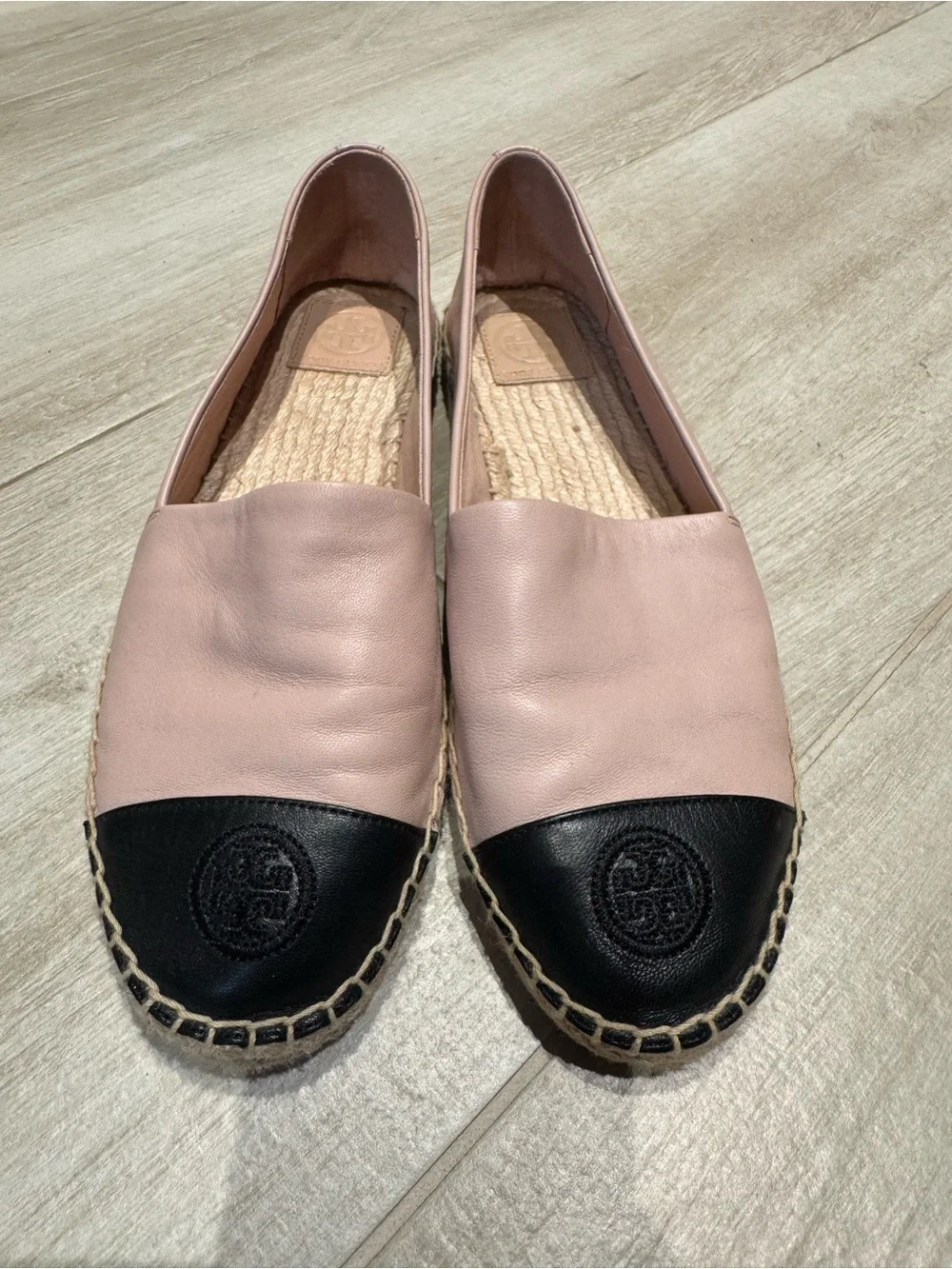 Tory Burch Pink Leather Espadrille with Black Cap Toe Size 8
